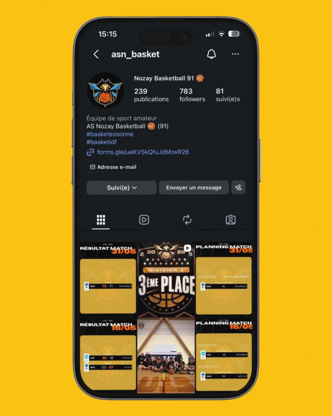 Communication Instagram du club de basket AS Nozay sur téléphone