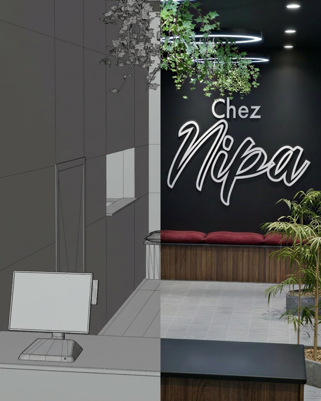 Rendu 3D de l'enseigne intérieure du restaurant thaïlandais Chez Nipa
